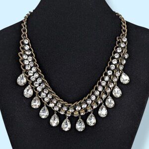 Gold Tone Chain & Rhinestone Statement Necklace